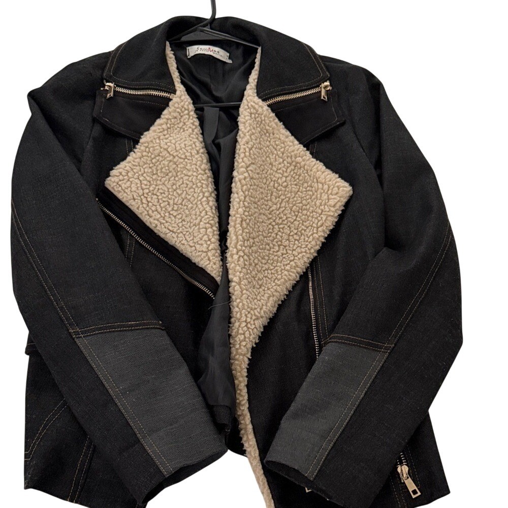Lumiere Denim Sherpa Lined Moto‎ Jacket Gold Zip Asymmetrical Women Small